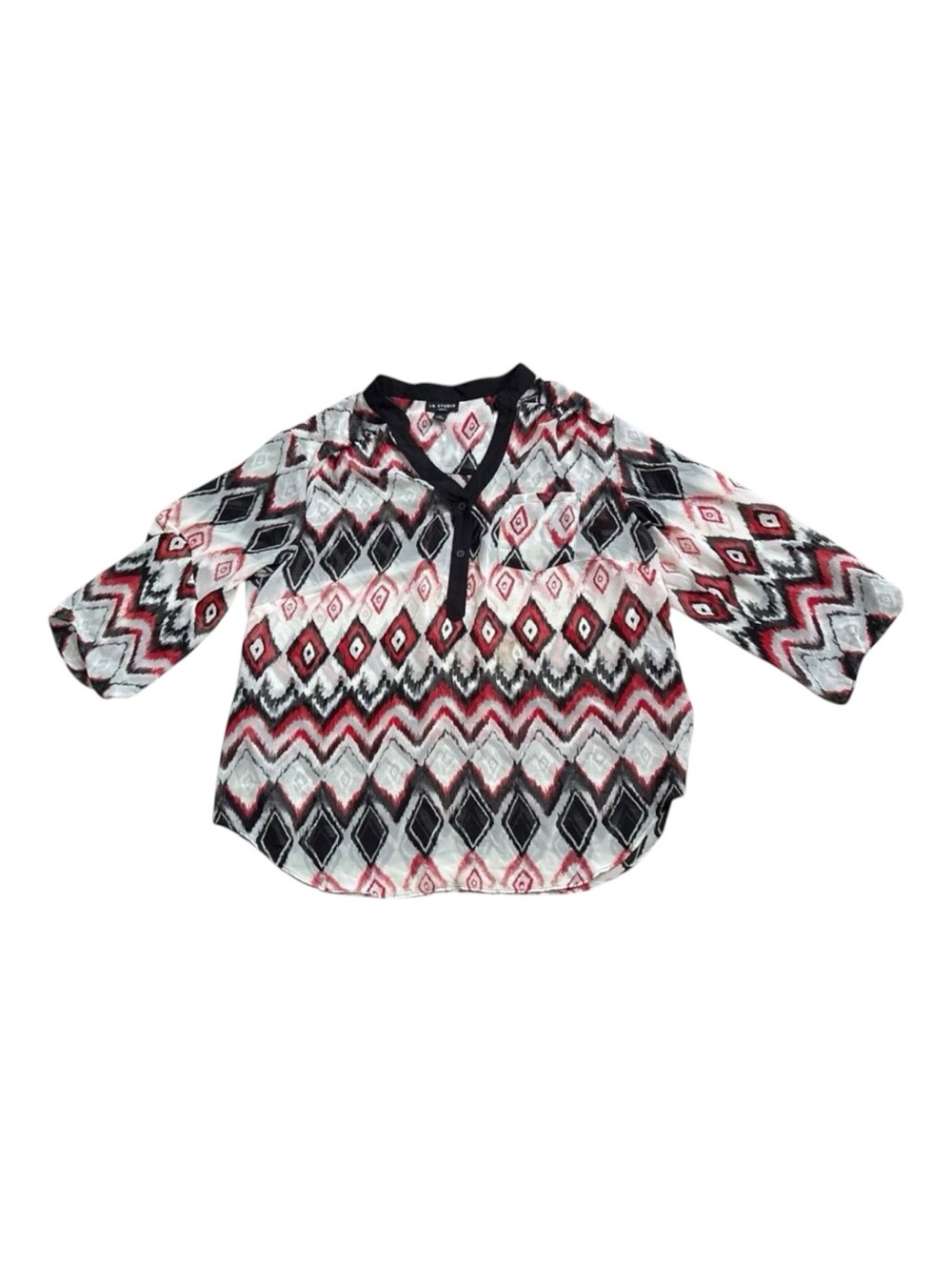 IN Studio Womens Plus 2X Sheer Aztec Roll Tab Split Neck Popover Tunic Blouse